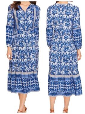 J. McLaughlin Gilda Blue Paisley Midi Dress XS Boho Tiered